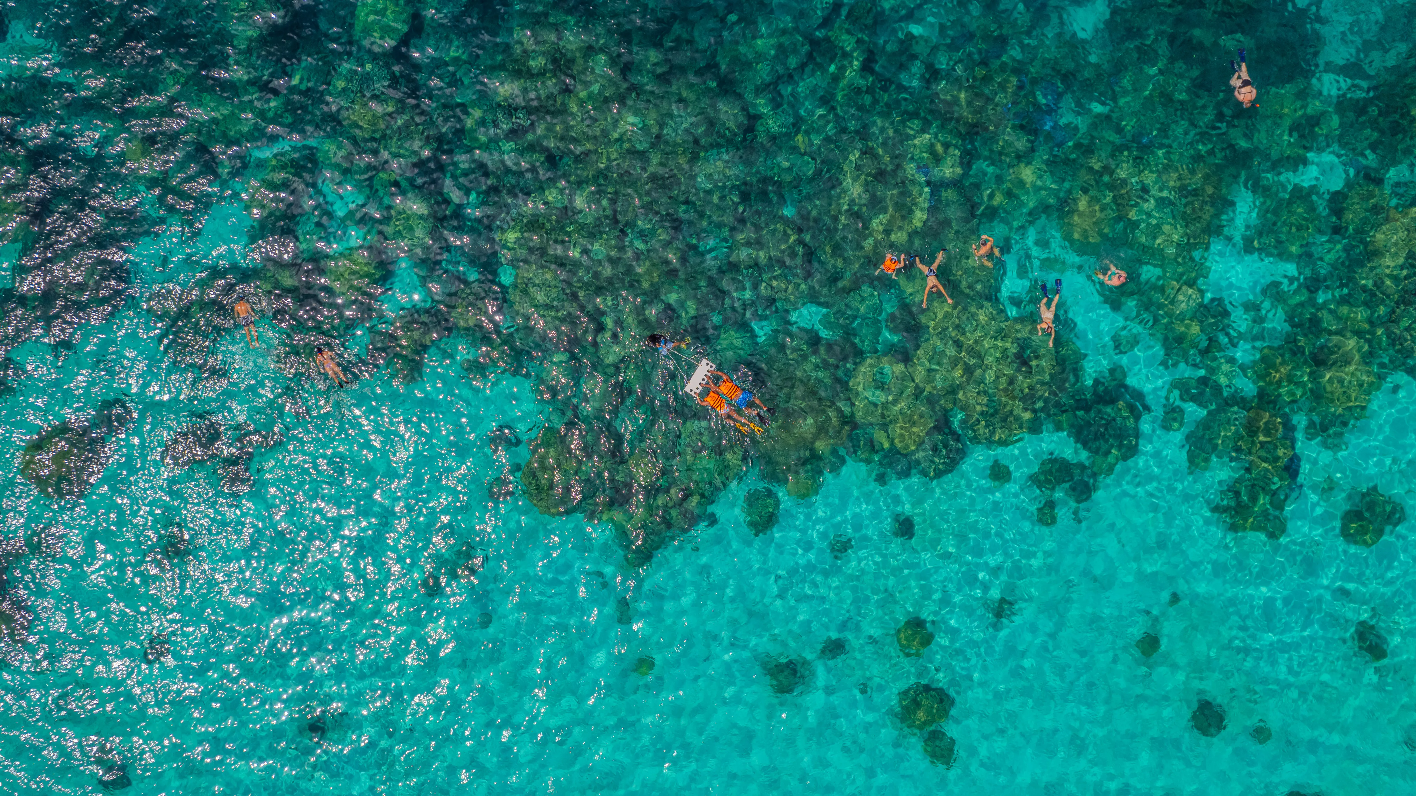 Snorkelers exploring a clear coral reef in the Surin Islands