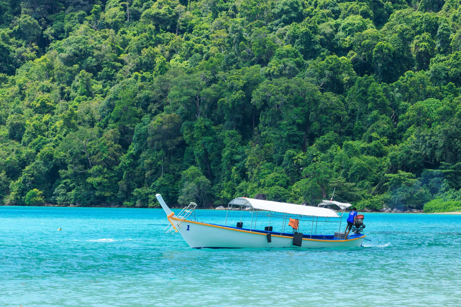 Traditional boat beside the forested coast of the Surin Islands